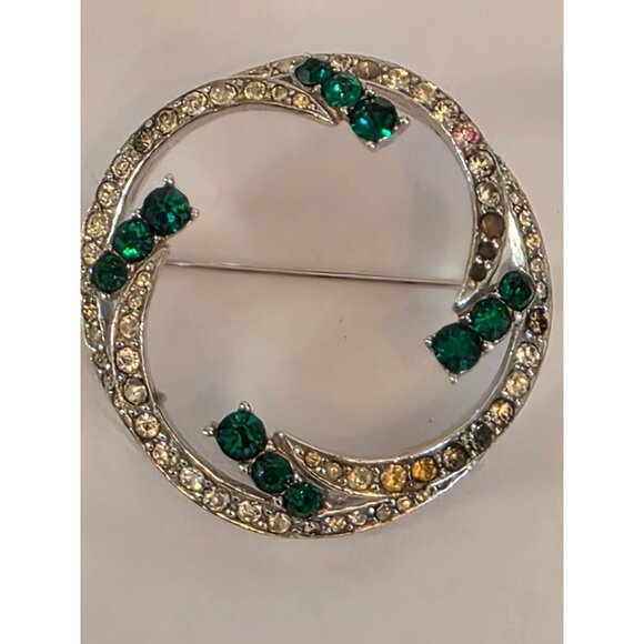 Vintage Silver Tone Circle Brooch With Green & Clear Rhinestones - Picture 2 of 5